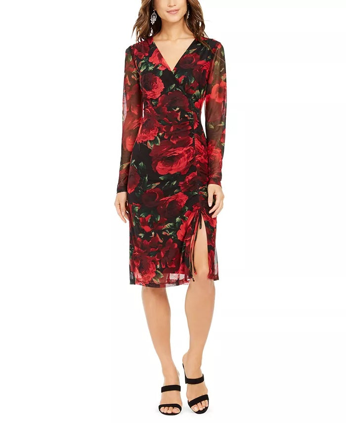 Vestido midi de manga comprida com babados e babados Connected feminino, vermelho, tamanho 14