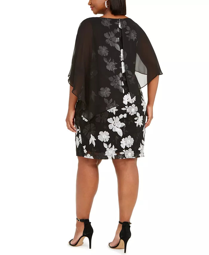 Vestido Plus Size Feminino Connected com Sobreposição de Chiffon Bordado Preto Tamanho 20