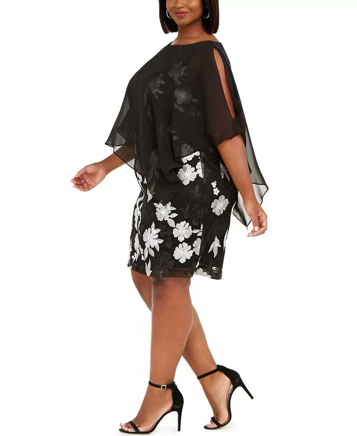 Vestido Plus Size Feminino Connected com Sobreposição de Chiffon Bordado Preto Tamanho 20