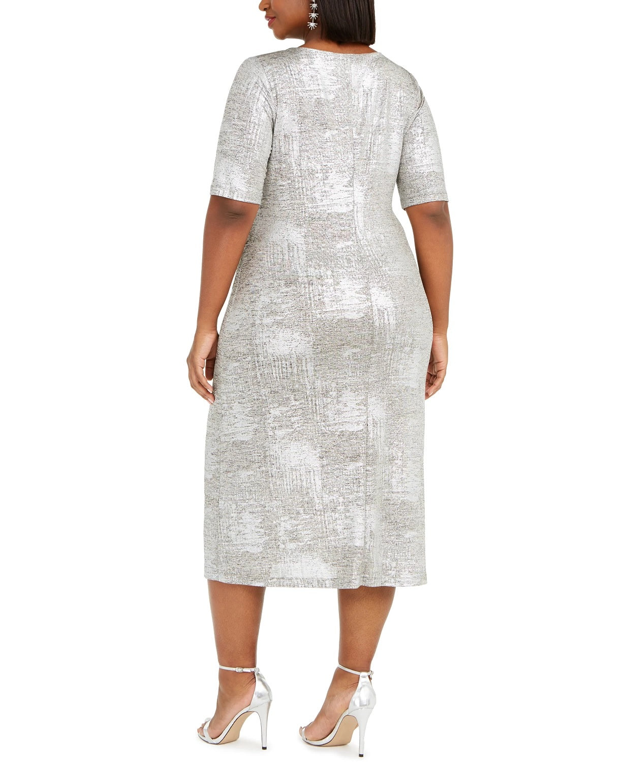 Vestido midi metálico com decote redondo feminino Connected, tamanho 14W, prateado