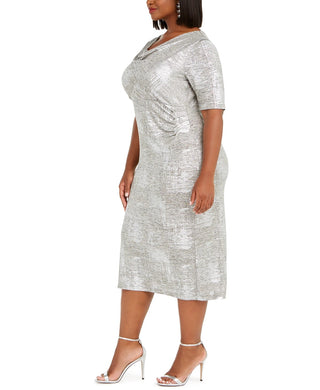 Connected Women's Cowlneck Metallic Midi Dress Silver Size 14W