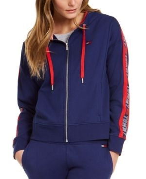 Tommy Hilfiger Moletom com capuz feminino com logotipo esportivo e zíper, azul, tamanho pequeno