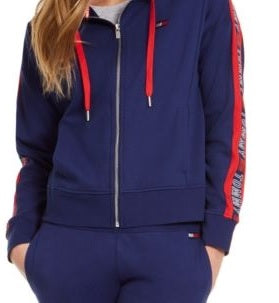 Tommy Hilfiger Moletom com capuz feminino com logotipo esportivo e zíper, azul, tamanho pequeno