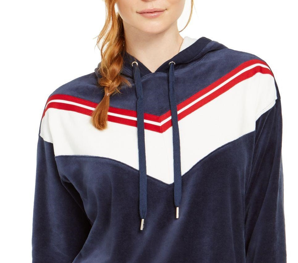 Tommy Hilfiger Sport Velour Chevron Pullover Hoodie Feminino Azul Tamanho Grande