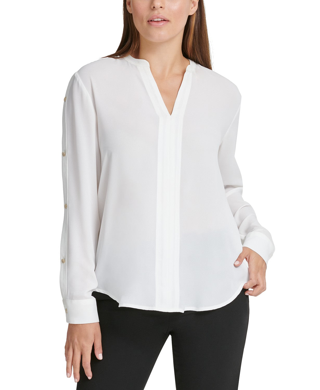 Blusa feminina DKNY com botões e pregas, branca, tamanho médio
