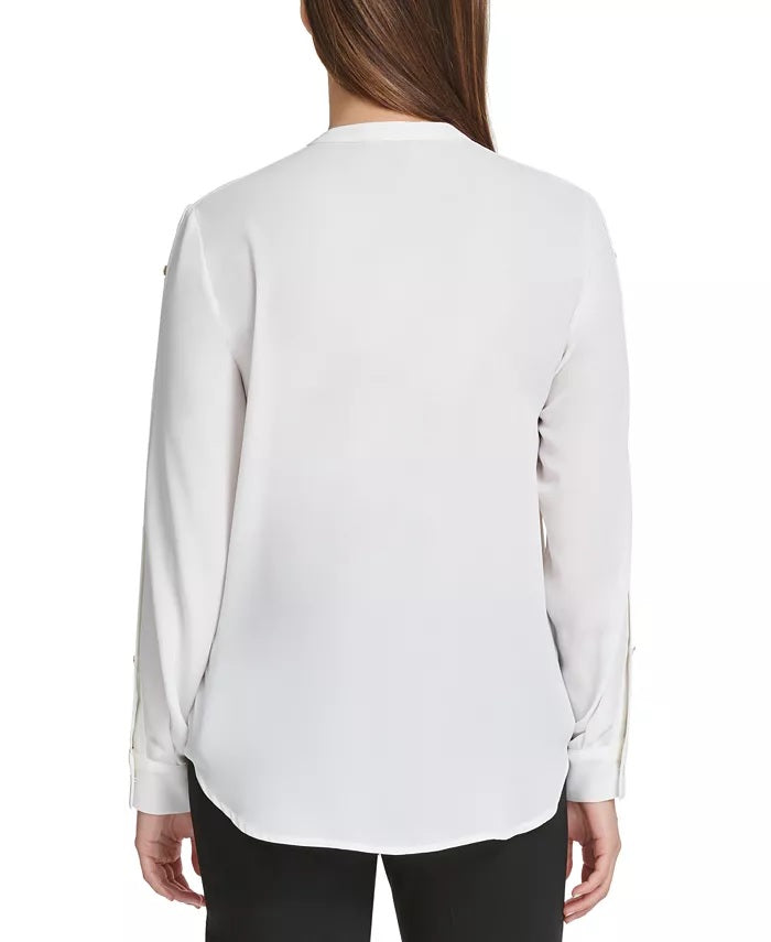 Blusa feminina DKNY com botões e pregas, branca, tamanho médio