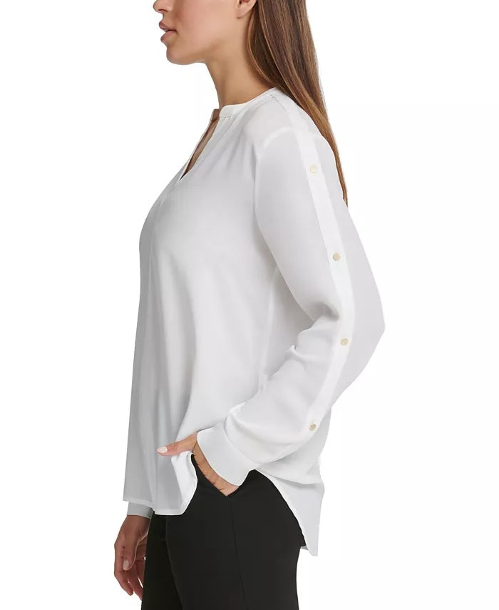 Blusa feminina DKNY com botões e pregas, branca, tamanho médio