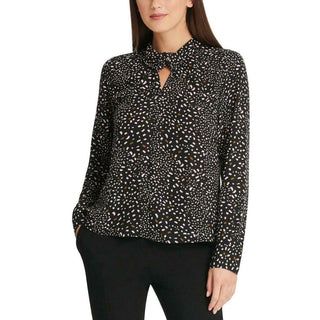 Blusa feminina DKNY com estampa de confete e gola torcida, cinza escuro, tamanho M