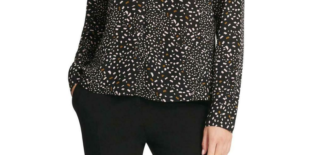 Blusa feminina DKNY com estampa de confete e gola torcida, cinza escuro, tamanho M