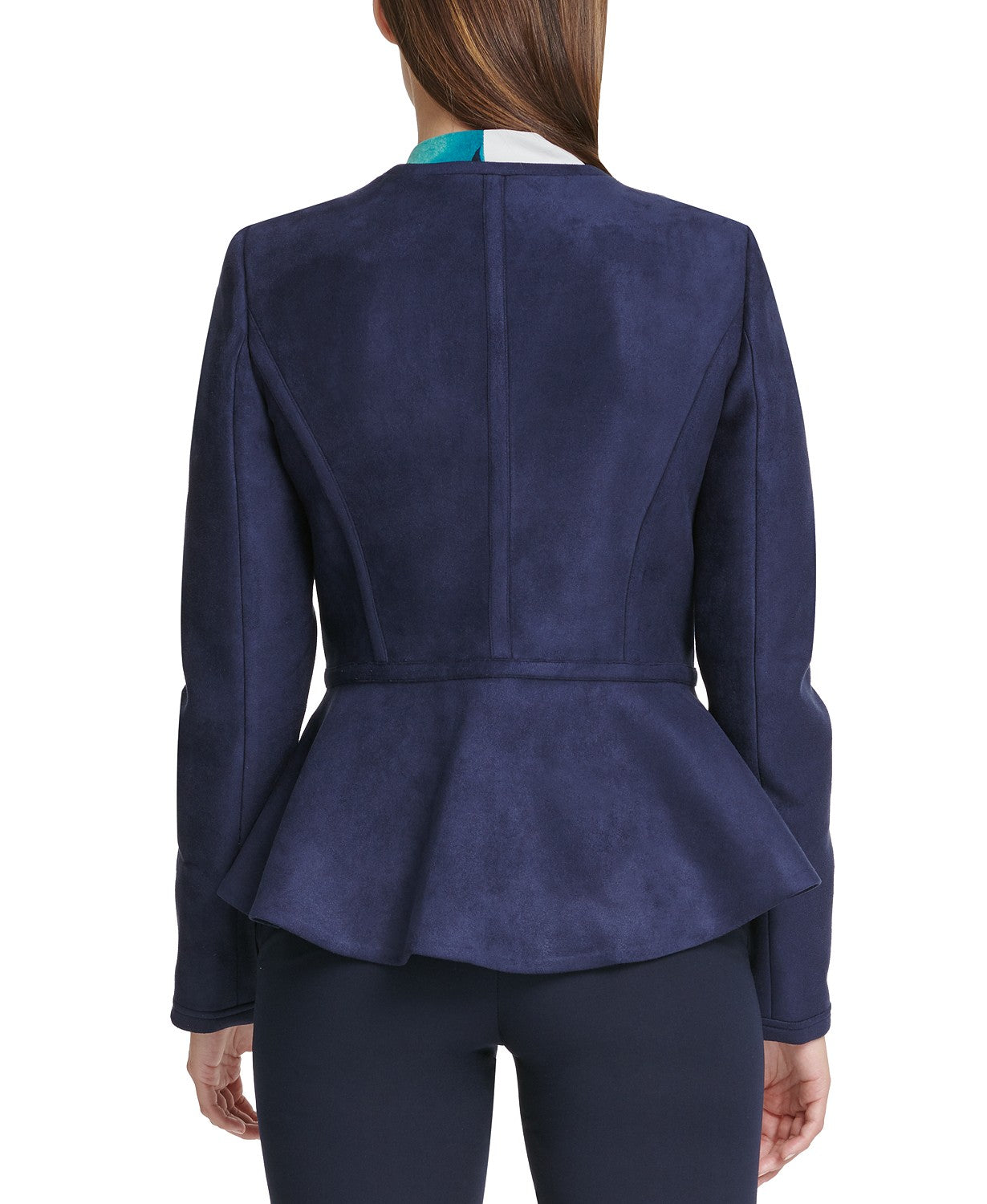 Jaqueta peplum feminina DKNY de camurça sintética com zíper frontal, azul-marinho, tamanho 14