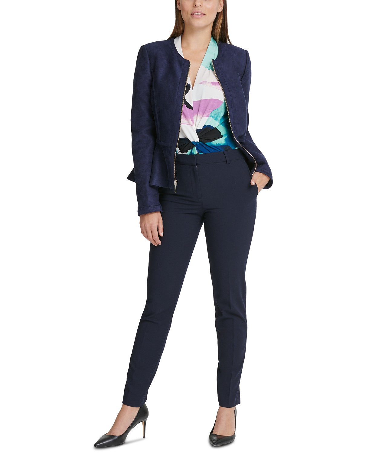 Jaqueta peplum feminina DKNY de camurça sintética com zíper frontal, azul-marinho, tamanho 14