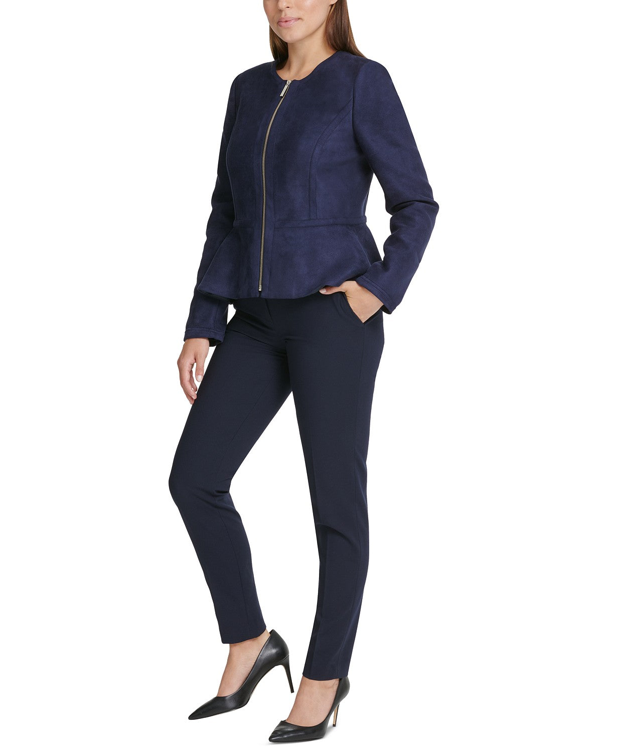 Jaqueta peplum feminina DKNY de camurça sintética com zíper frontal, azul-marinho, tamanho 14