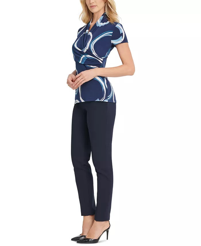 Blusa feminina DKNY com franzido lateral, azul, tamanho médio