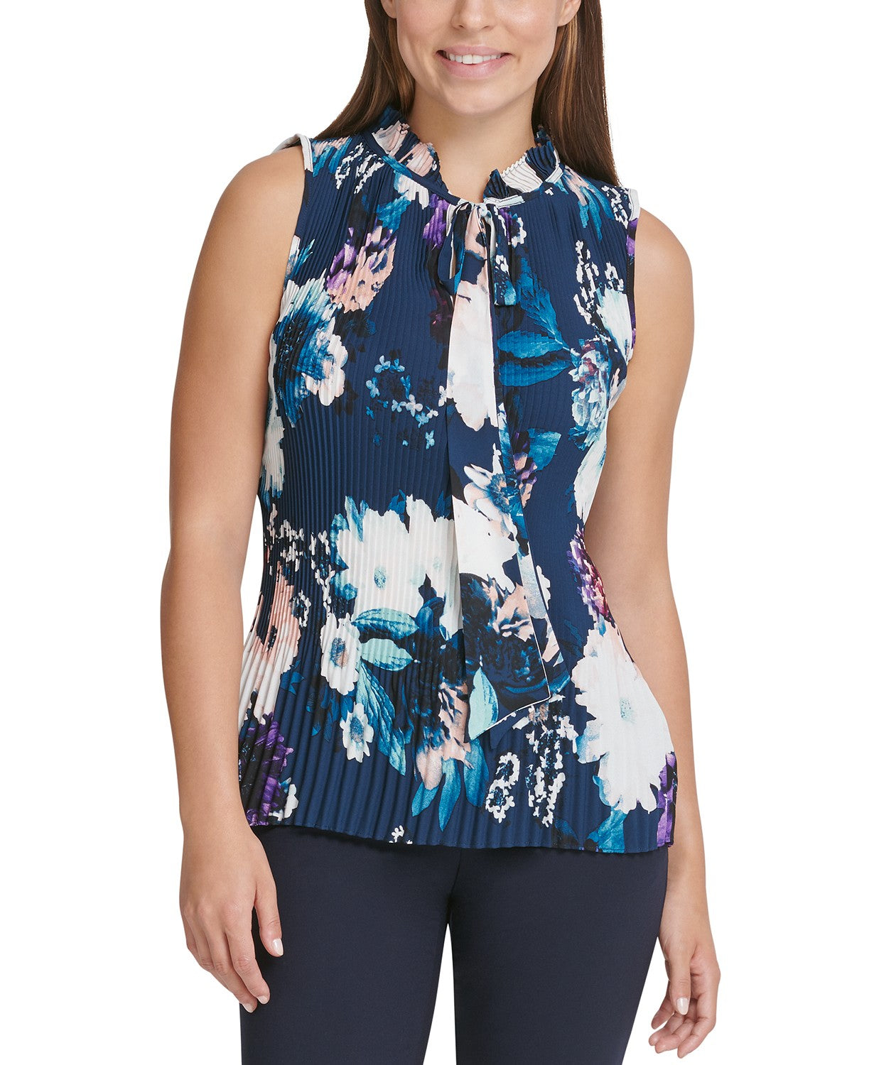 Blusa plissada com decote em V floral DKNY feminina, azul, tamanho grande