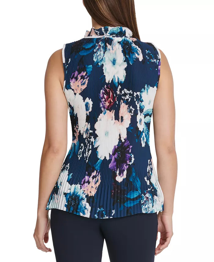 Blusa plissada com decote em V floral DKNY feminina, azul, tamanho grande