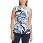 Blusa feminina DKNY com estampa floral e nó lateral, azul, tamanho pequeno