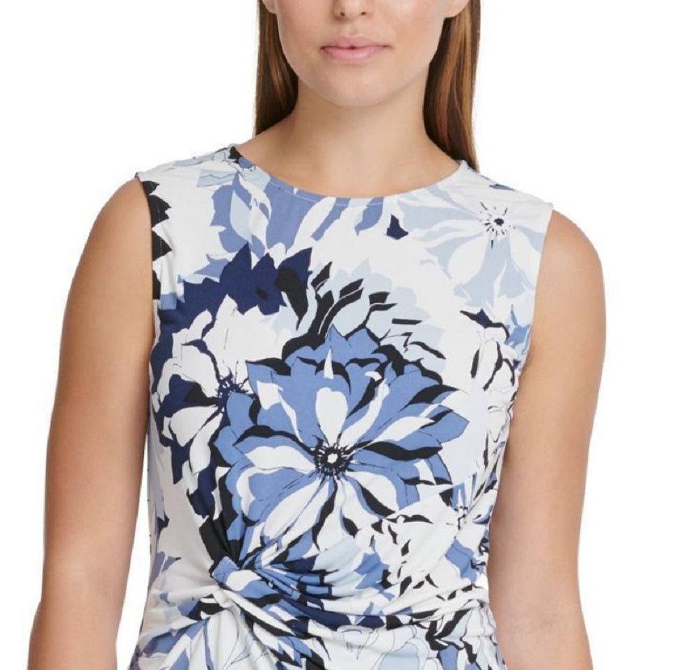 Blusa feminina DKNY com estampa floral e nó lateral, azul, tamanho pequeno