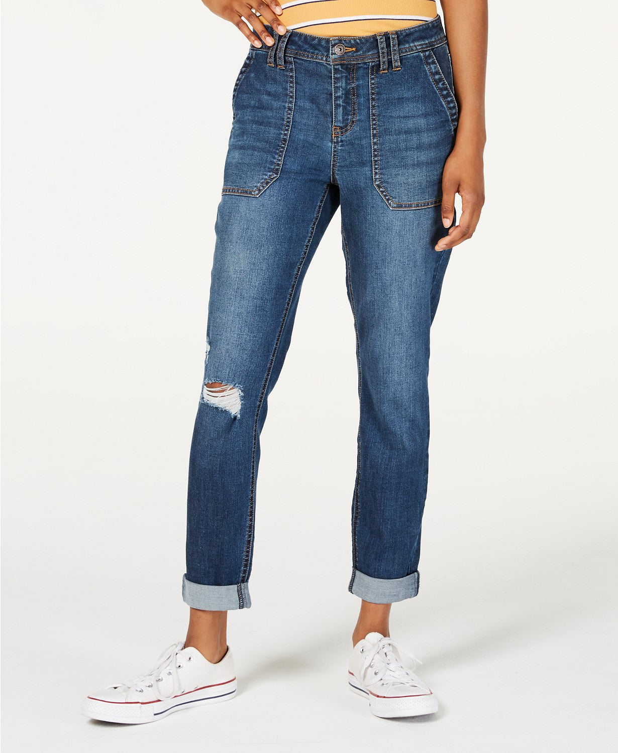 Calça jeans feminina Vanilla Star com punho rasgado, azul, tamanho 1