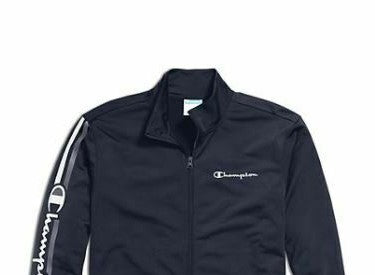 Jaqueta de corrida Champion masculina com listras e logotipo, azul, tamanho XXG