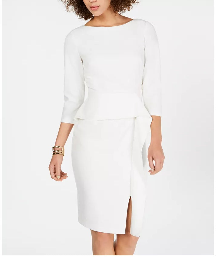 Vestido justo com cintura peplum feminino Vince Camuto, branco, tamanho 10