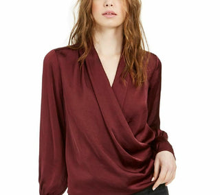 Band Of Gypsies Blusa feminina drapeada de manga comprida com botões e punhos, tamanho vinho extra grande