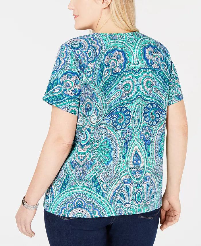 Camiseta feminina plus size com estampa paisley Tommy Hilfiger, verde, tamanho 2X