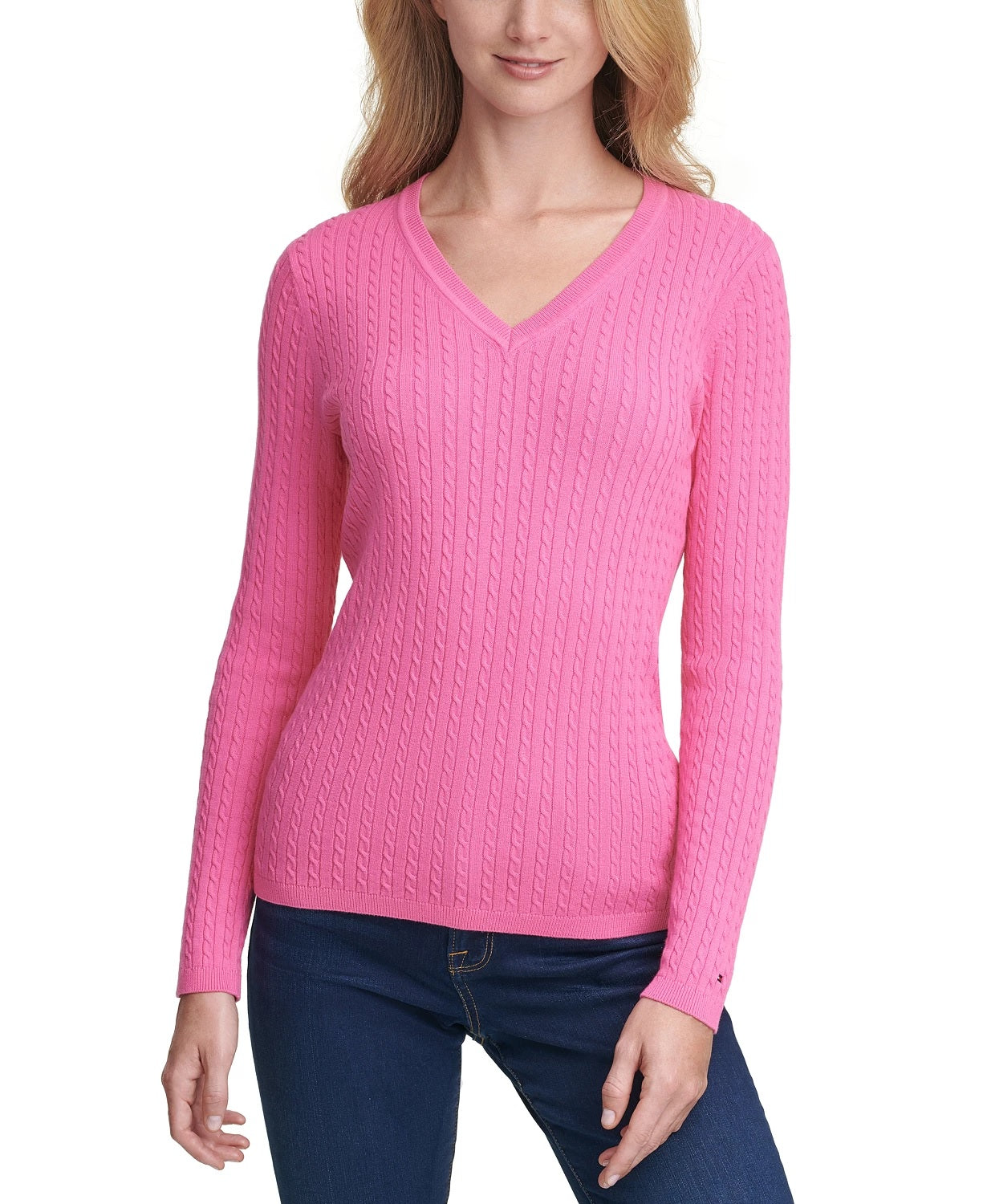 Suéter feminino Tommy Hilfiger Plus Cotton com decote em V, rosa, tamanho 3X