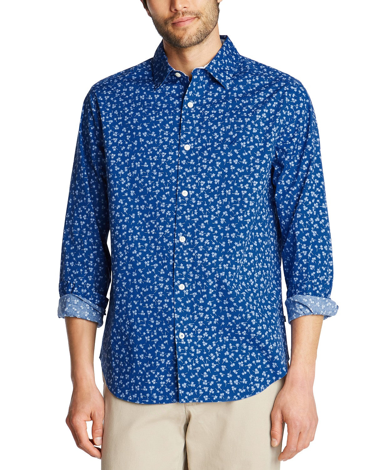 Camisa de popeline elástica com estampa floral e ajuste clássico azul Nautica masculina, tamanho 2 extra grande