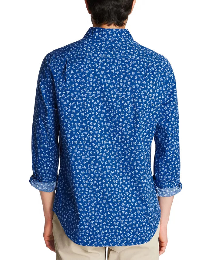 Camisa de popeline elástica com estampa floral e ajuste clássico azul Nautica masculina, tamanho extra grande