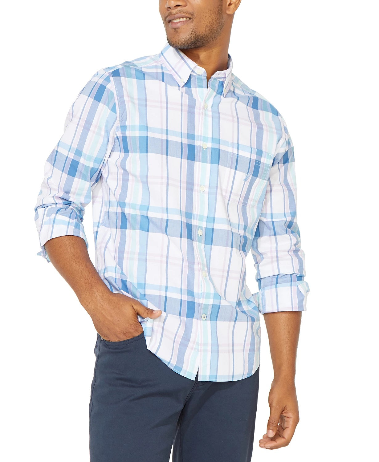 Camisa xadrez azul vela masculina Nautica, branca, tamanho pequeno