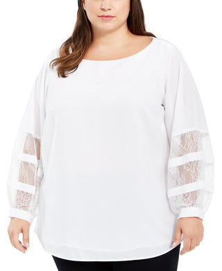 Blusa feminina plus size Calvin Klein com manga de renda, branca, tamanho 1X