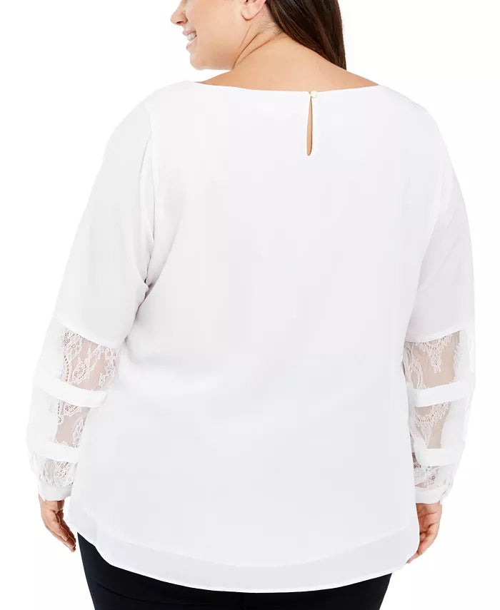Blusa feminina plus size Calvin Klein com manga de renda, branca, tamanho 1X