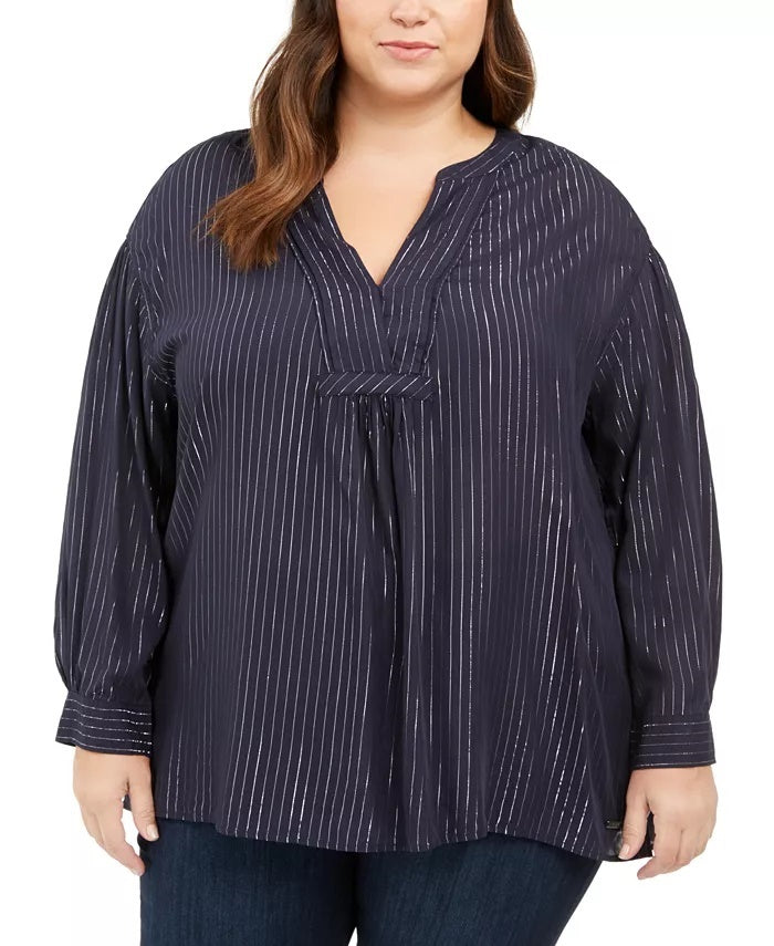 Tommy Hilfiger Plus Size Flash Stripe Top Feminino Azul Tamanho 2X
