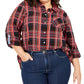 Tommy Hilfiger Plus Size Xadrez Botões Frontais Mangas Dobráveis ​​Algodão Top Vermelho Tamanho 0X