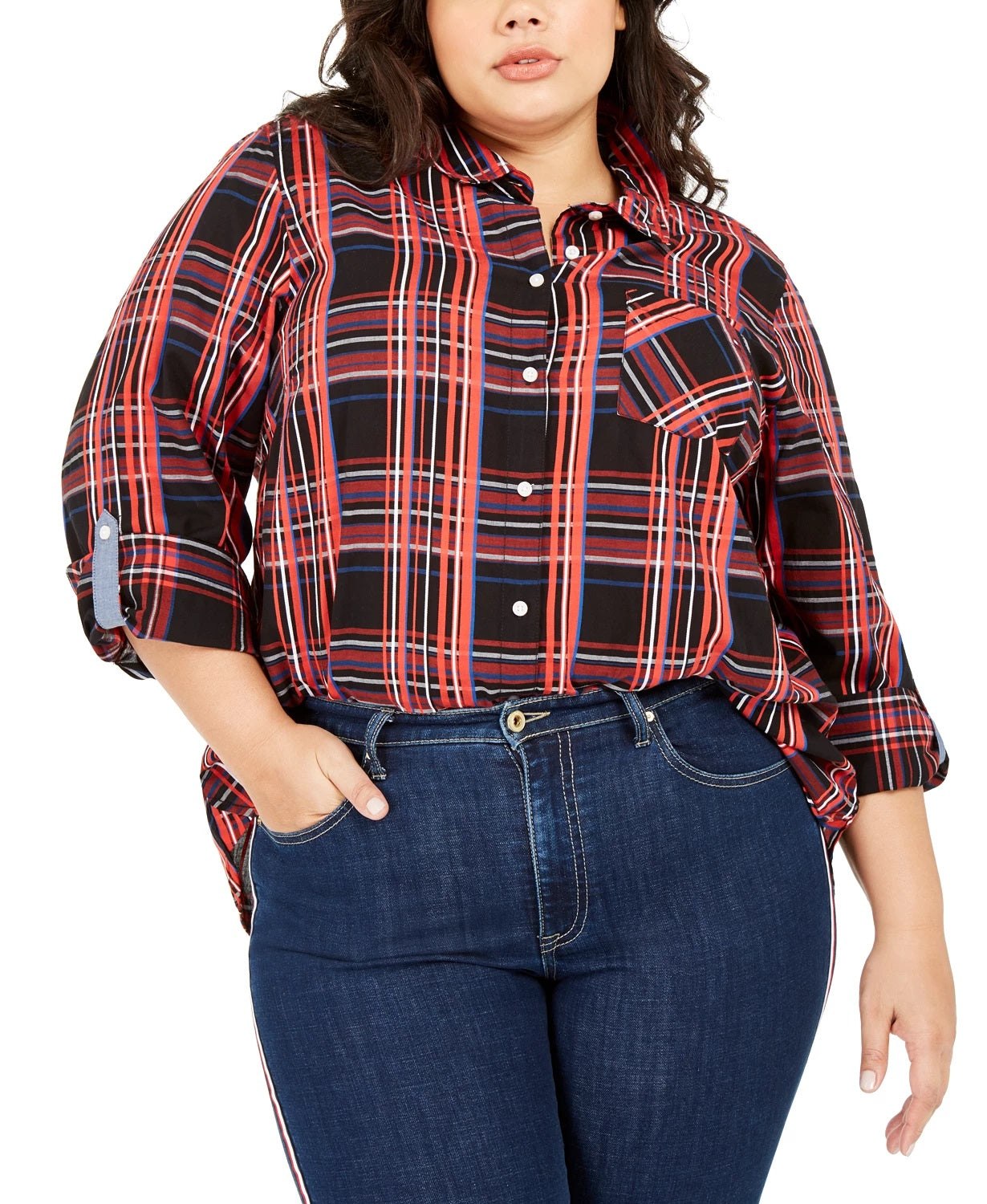 Tommy Hilfiger Plus Size Xadrez Botões Frontais Mangas Dobráveis ​​Algodão Top Vermelho Tamanho 0X