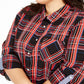 Tommy Hilfiger Plus Size Xadrez Botões Frontais Mangas Dobráveis ​​Algodão Top Vermelho Tamanho 0X