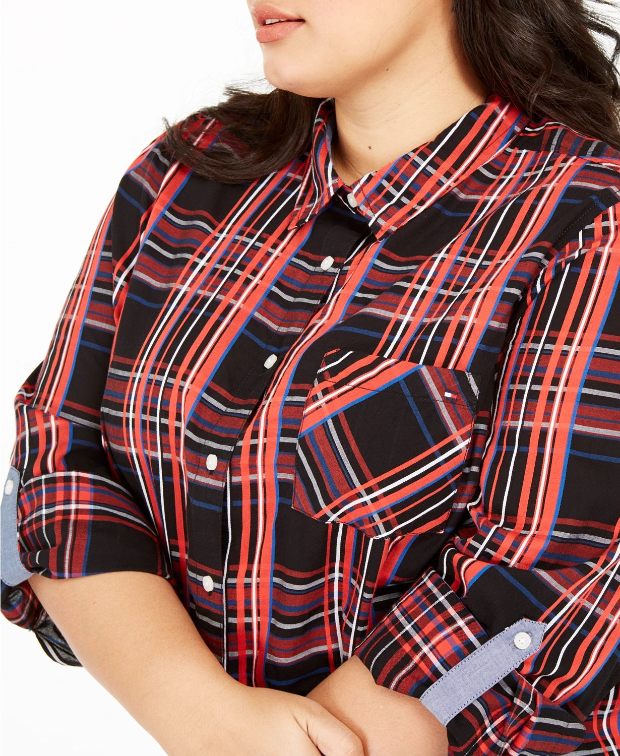Tommy Hilfiger Plus Size Xadrez Botões Frontais Mangas Dobráveis ​​Algodão Top Vermelho Tamanho 0X