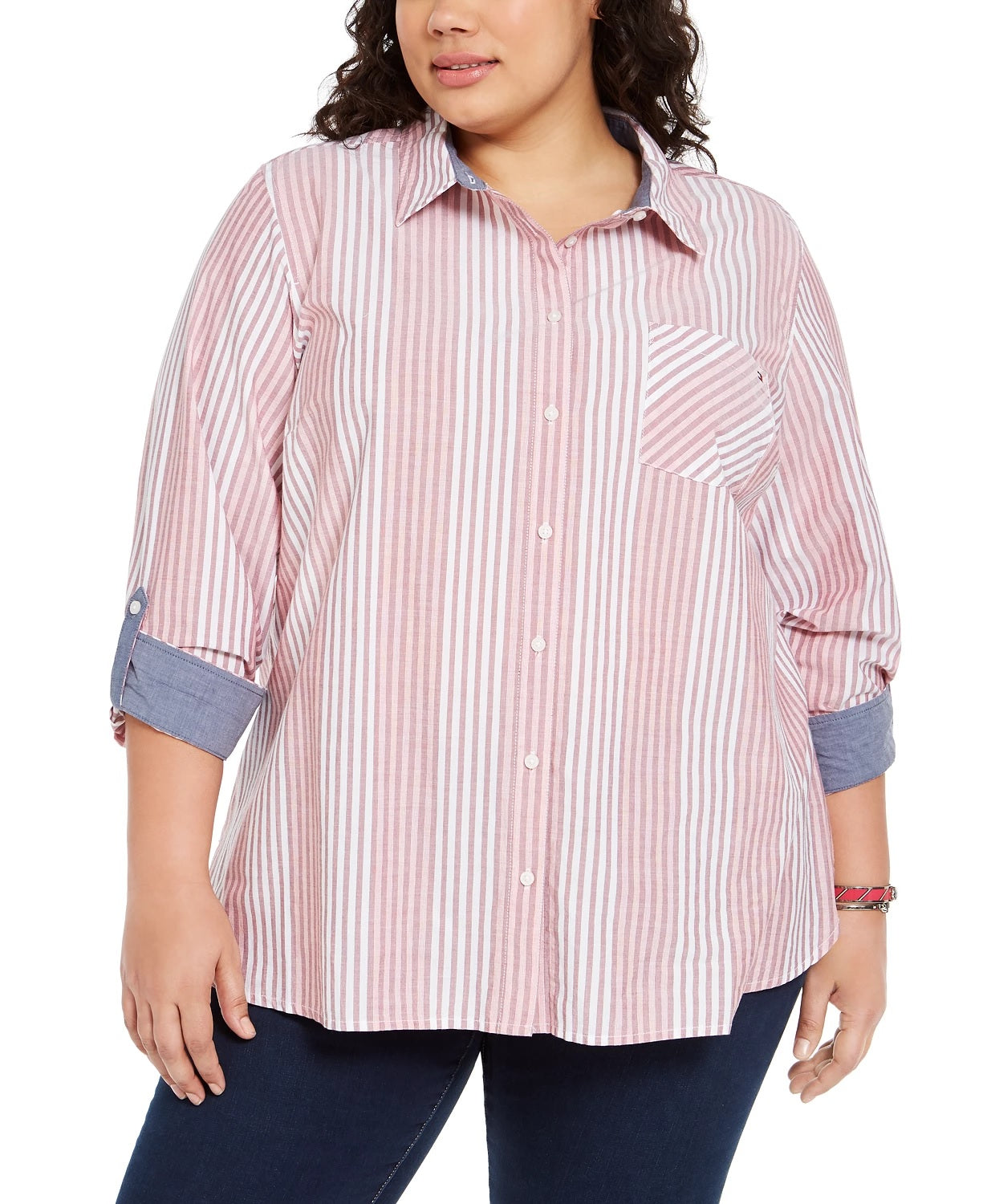 Camisa listrada de algodão plus size feminina Tommy Hilfiger vermelha tamanho 1X