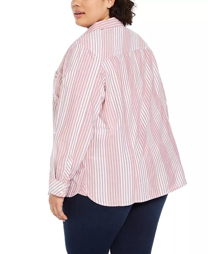 Camisa listrada de algodão plus size feminina Tommy Hilfiger vermelha tamanho 1X