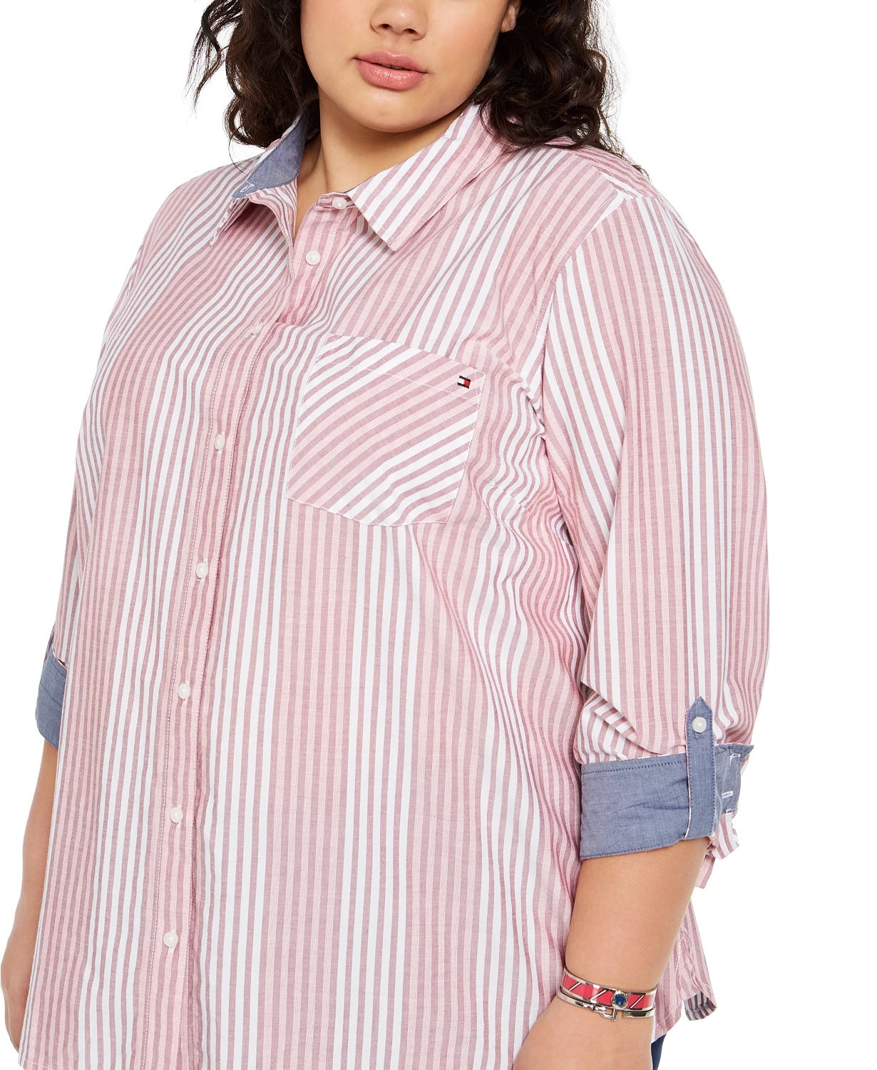 Camisa listrada de algodão plus size feminina Tommy Hilfiger vermelha tamanho 1X