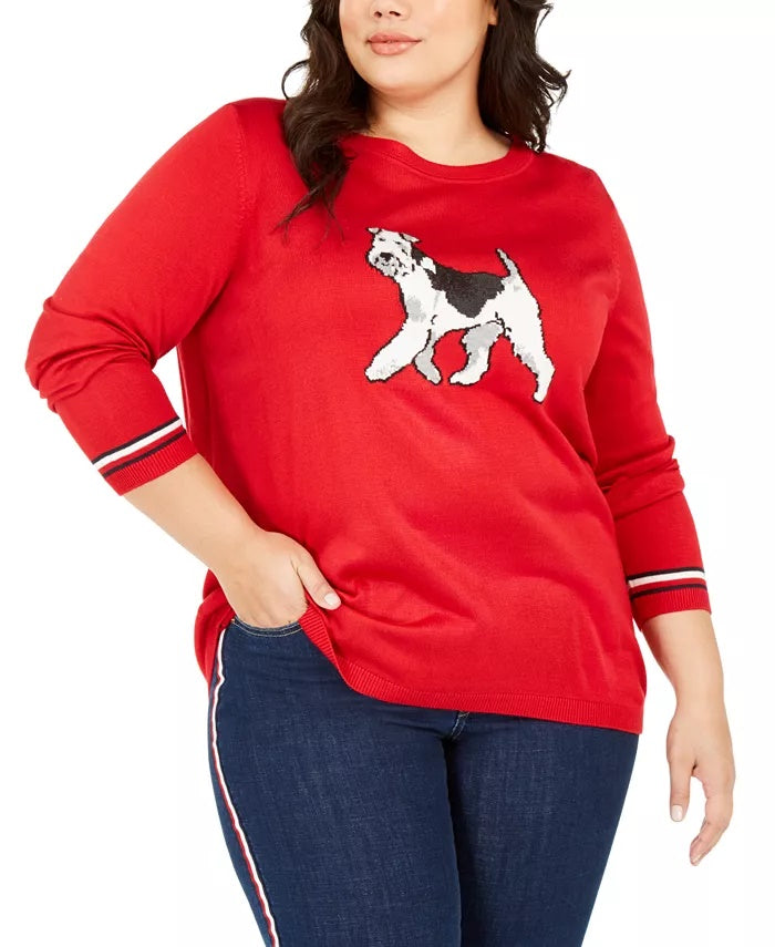 Tommy Hilfiger Suéter Feminino Plus Knit com Estampa de Cachorro, Médio, Vermelho, Tamanho 1X