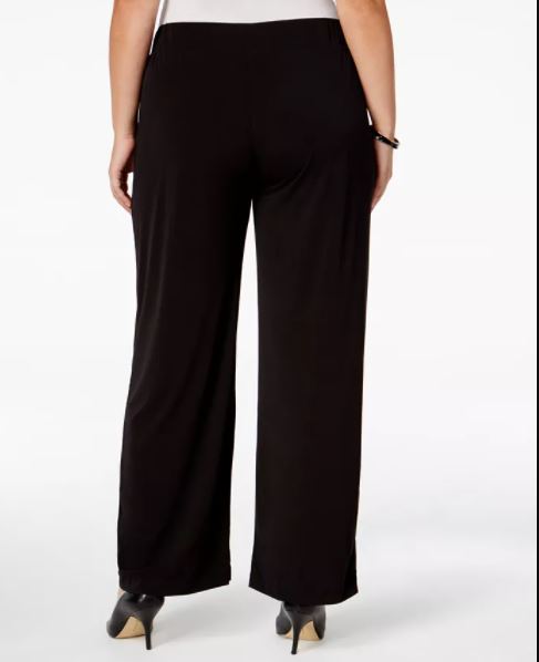 Calça feminina plus size NY Collection, perna larga, preta, tamanho 2X
