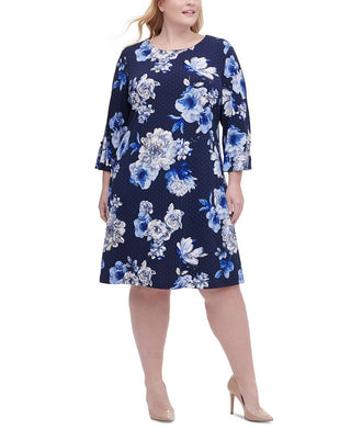 Vestido feminino plus size Tommy Hilfiger com estampa floral e mangas ilhós, azul, tamanho 14W