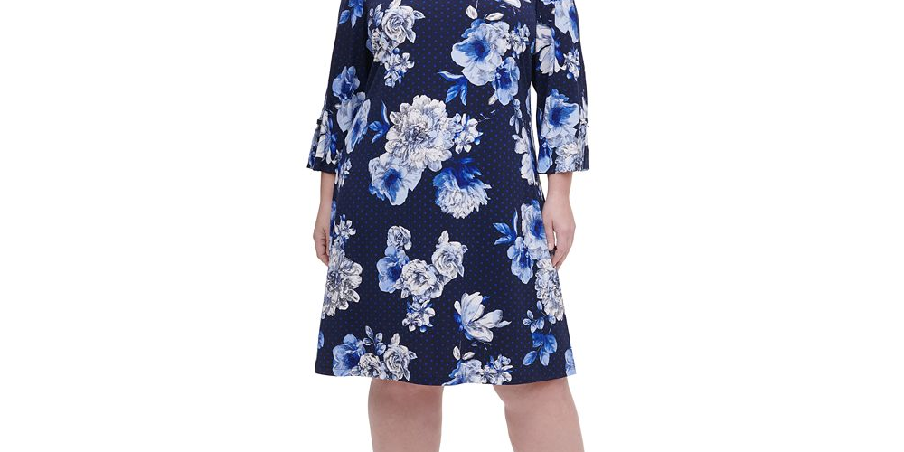 Vestido feminino plus size Tommy Hilfiger com estampa floral e mangas ilhós, azul, tamanho 14W