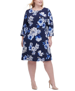 Vestido feminino plus size Tommy Hilfiger com estampa floral e mangas ilhós, azul, tamanho 22W