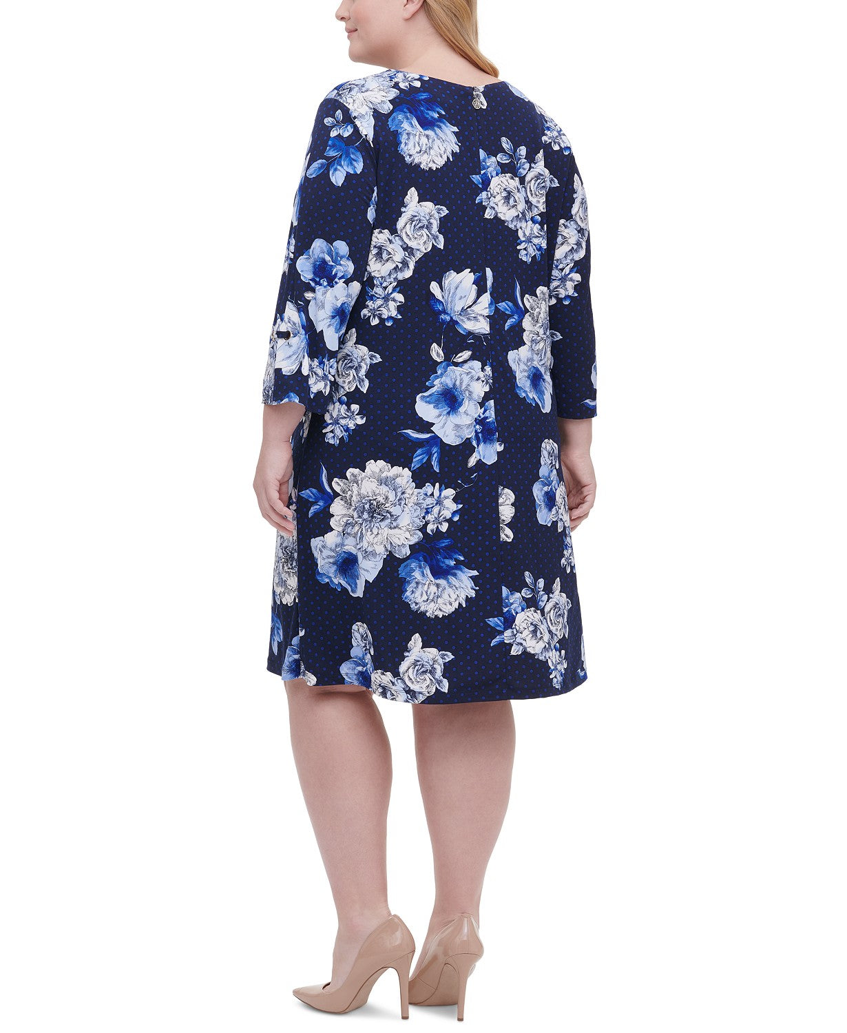 Vestido feminino plus size Tommy Hilfiger com estampa floral e mangas ilhós, azul, tamanho 22W