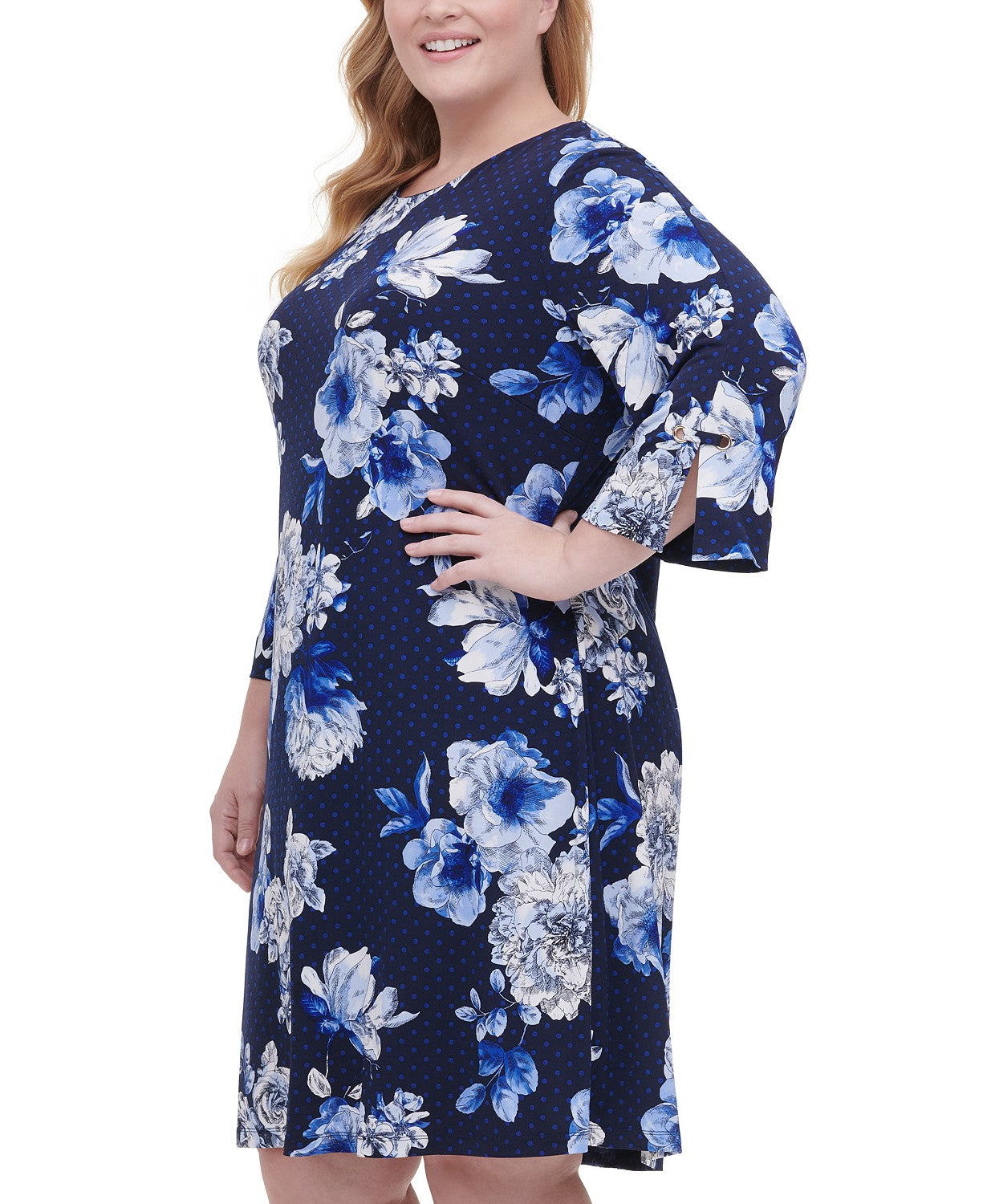 Vestido feminino plus size Tommy Hilfiger com estampa floral e mangas ilhós, azul, tamanho 22W