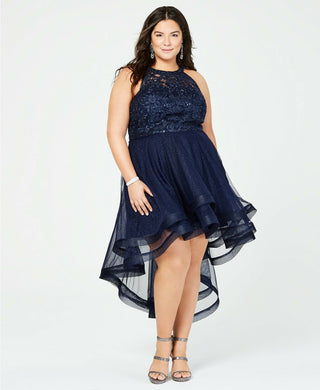 Vestido feminino plus size com decote alto e baixo, estilo Say Yes To The Prom, azul marinho, tamanho 18
