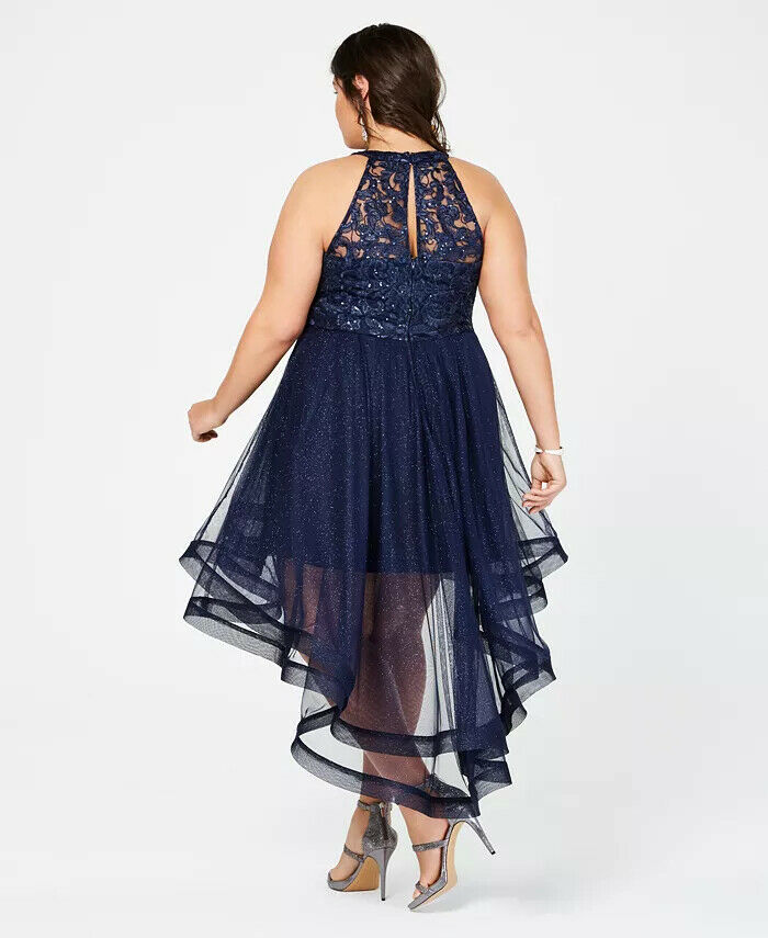 Vestido feminino plus size com decote alto e baixo, estilo Say Yes To The Prom, azul marinho, tamanho 18