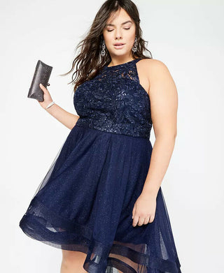 Vestido feminino plus size com decote alto e baixo, estilo Say Yes To The Prom, azul marinho, tamanho 18